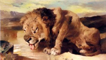 Sir Edwin Henry Landseer : Lion Drinking At A Stream